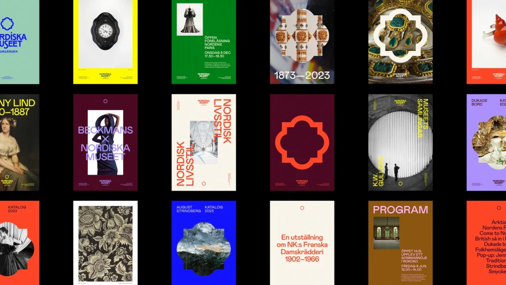 Ett collage med broschyrer och kataloger från Nordiska museet i museets visuella identitet.