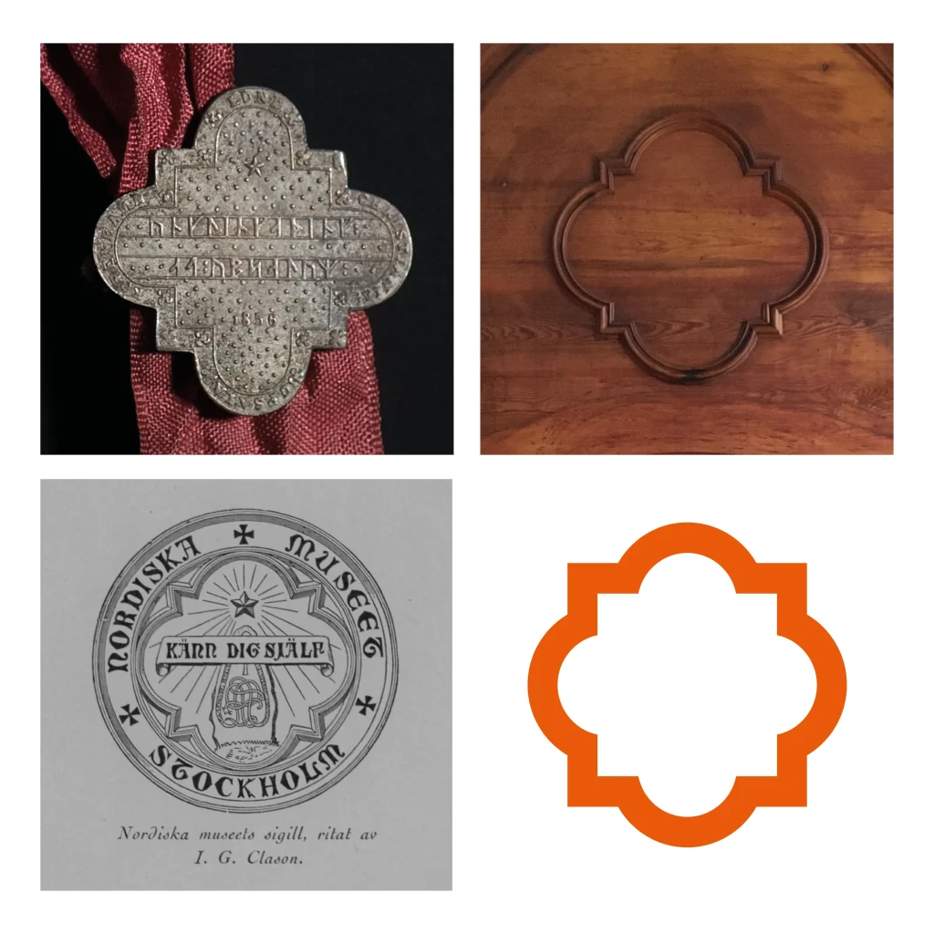 Fyra klöverformade så kallade fyrpass, ett är metallmärke att fästa på rocken, en relief i träpanel, en grafiskt sigill och sist som Nordiska museets nya logotyp i orange.