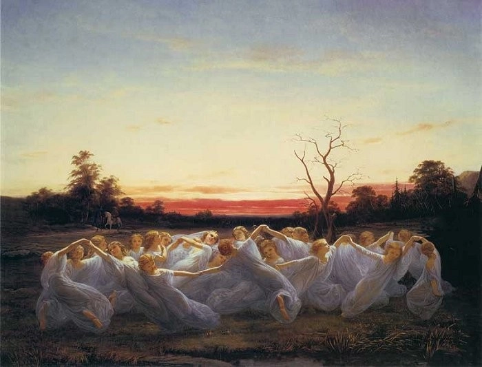 Målning av älvor som dansar på en äng en ljus sommarnatt.